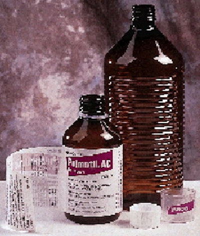 The first PEN bottle of Pulmotil AC to reach the marketplace was the 250-mL size, shown here with its extended text label. The l