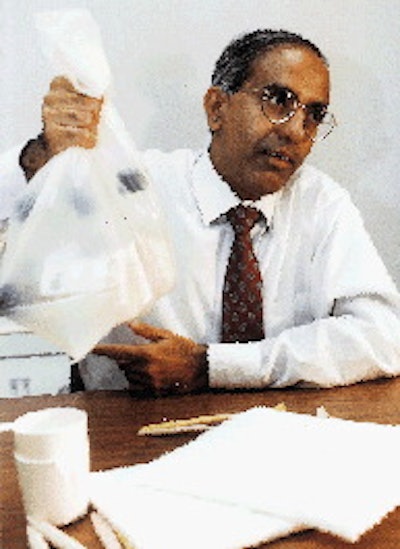 Dr. Ramani Narayan demonstrates a bag made with soy-based, compostable film