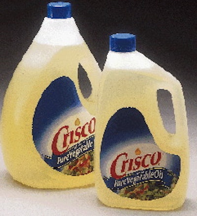 Procter & Gamble?s redesigned 64- and 128-oz bottles of Crisco (above) now reflect the chevron-bedecked look of the rest of the
