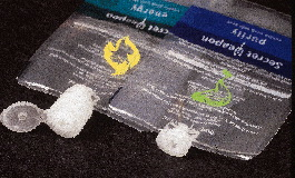 Clear pouches containing vibrantly colored shampoo and bath products (top) can be filled nearly to the top thanks to a unique