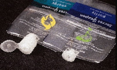 Clear pouches containing vibrantly colored shampoo and bath products (top) can be filled nearly to the top thanks to a unique