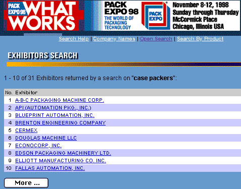 PMMI?s Pack Expo site contains a searchable exhibitor listing that doubles as a useful and accurate directory of machinery and