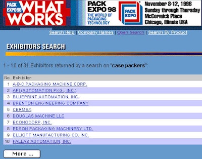 PMMI?s Pack Expo site contains a searchable exhibitor listing that doubles as a useful and accurate directory of machinery and