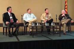 PANEL DISCUSSION. Thomas Bacon (far right), founder and president, Aaron Thomas Co., discusses challenges facing the contract pa