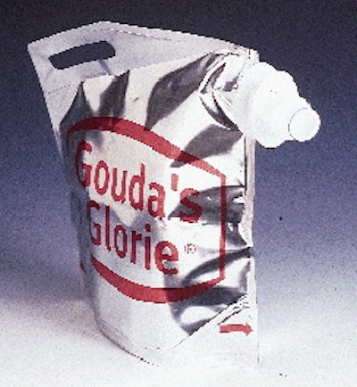 The connector on this 7.5-L stand-up pouch functions as a closure in transit. When the pouch is placed in the dispenser, a nozz