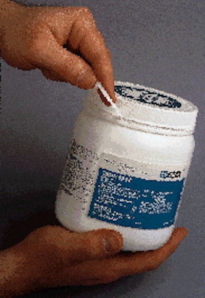 Pesticide applicators lift a tab (far left) to remove a very visible tamper-evident band from the 110-mm, one-piece polypropyl