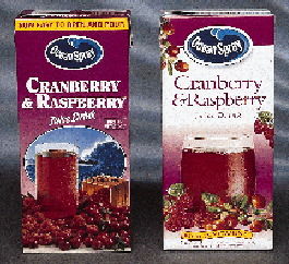 Marketers at Ocean Spray felt their former 1-L brick carton (above left) used too many graphic elements. The redesigned look (ab