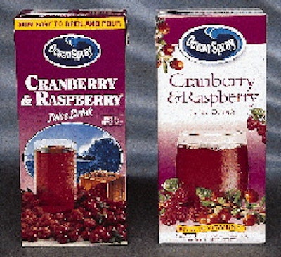 Marketers at Ocean Spray felt their former 1-L brick carton (above left) used too many graphic elements. The redesigned look (ab