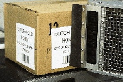 One applicator arm applies two separate labels to the end of each case (top, opposite page) and the side (left