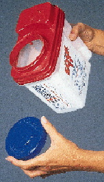 Olin?s four new injection-molded containers for pool chemicals include the 5-lb size (right) with molded hand-grip and product m