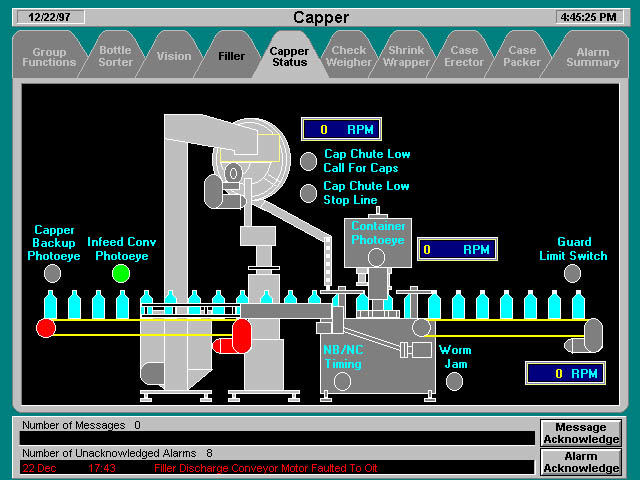 When a machine is down, like this capper, components that are in fault change from green to red and a detailed error message ap