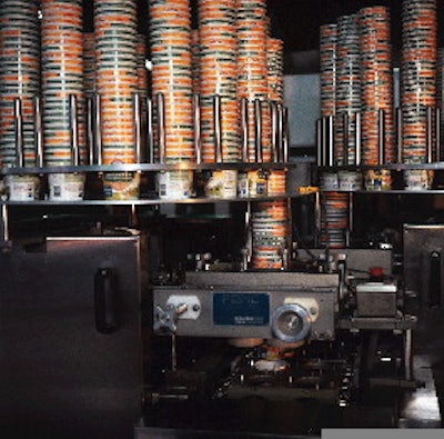 Cups are denested and sent into the packaging line by two rotary cup feeders, each of which holds 20 stacks of 50 nested cups.