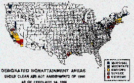 This map shows the counties that are considered Clean Air Act non-attainment areas as of Feb. ?97. The color guide illustrates t
