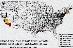 This map shows the counties that are considered Clean Air Act non-attainment areas as of Feb. ?97. The color guide illustrates t