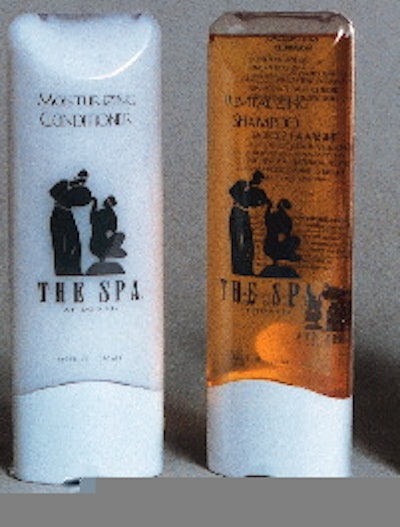 Sleek, inverted PVC bottles (left) for private-label shampoos and moisturizers won the gold award. Silver went to a tube with a