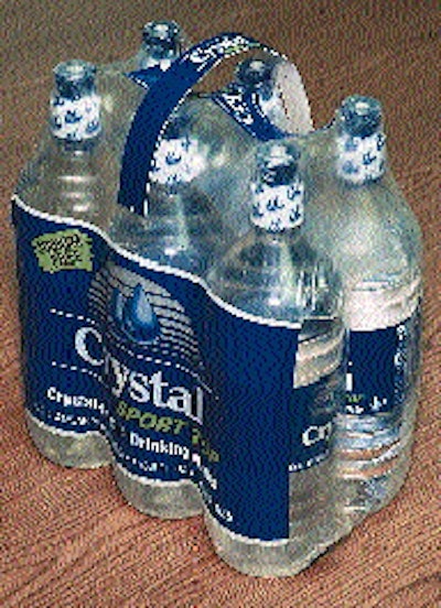 McKesson is among the first in the U.S. to use this handled six-pack bundle (left); the Crystal brand is one of three sold by th