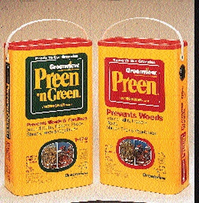 Preen and Preen ?n Green weed preventer are now available in a new large-size 4-gal preformed paperboard container (right).