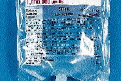 Filled bags of pre-mix antibiotics (such as the one at left) convey to a manual inspection station (above) where production asso