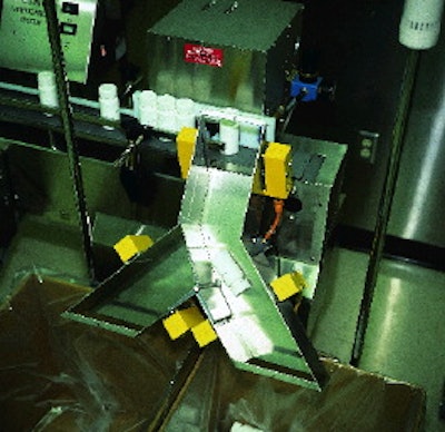 A custom bottle count verifier uses a burst of air to blow bottles down a Y-shaped chute equipped with multiple light curtains