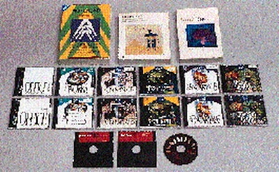 Along with counterfeit manuals (top row), Microsoft CD-ROM packaging has also been subject to fakes. The second row shows all c
