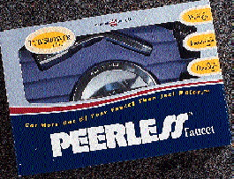 The new faucet carton (top) emphasizes the Peerless name. A plastic window permits consumers to see product within the inner mo