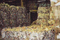 Steel-banded bales of separated recyclables are brought to this staging area prior to shipment to users of these recovered mater