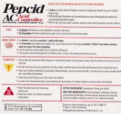 The back panel of Pepcid AC 9;with its use of white space, horizontal rules, icons, bulleted copy and easy-to-see headings 9;is
