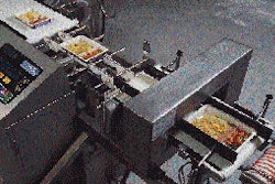 Filled trays pass through metal detection (lower right) and then a checkweigher (upper left