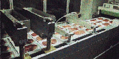 Lidded trays exit the vacuum sealing chamber (upper right) and move through two perforating stations followed by two cross-cutti