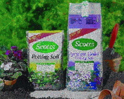 The beauty and color of the garden is evident in the nine-color printing on Scotts? potting soil bags. Cohesive label shown on t