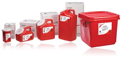 SHARPS CONTAINERS. Post-industrial (with some post-consumer) HDPE containers are used to contain and ship medical sharps and sy