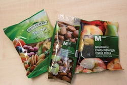 PRODUCT VERSATILITY. Dried fruits and nut mixtures are packaged in various combinations and bag sizes (left).