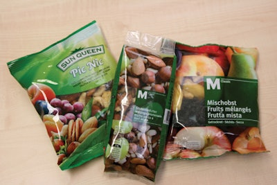 PRODUCT VERSATILITY. Dried fruits and nut mixtures are packaged in various combinations and bag sizes (left).