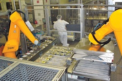 DOUBLE DUTY. Two robots work together to handle filled bags of parenteralia, as well as empty and filled trays of product bound