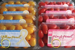 TOMATO PEARLS. Both red and yellow cherry tomatoes from Del Campo are packed in clamshells whose labels include a unique, encryp