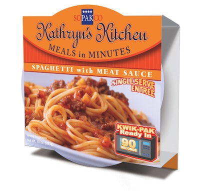 NEW MEALS LINE. Kathryn's Kitchen stand-up retort pouches offer plenty of billboard space for lively, appetizing graphics.