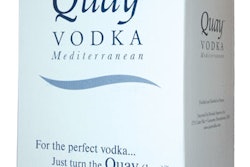 DECORATIVE CARTONS. A co-packer bundles bottles of Quay Vodka Mediterranean into six-pack display cartons for shipment to stores