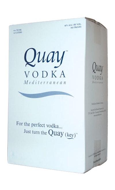 DECORATIVE CARTONS. A co-packer bundles bottles of Quay Vodka Mediterranean into six-pack display cartons for shipment to stores