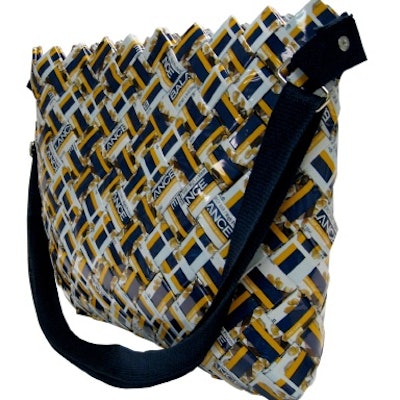 Handbag made from reused, woven Balance Bar nutrition bars.