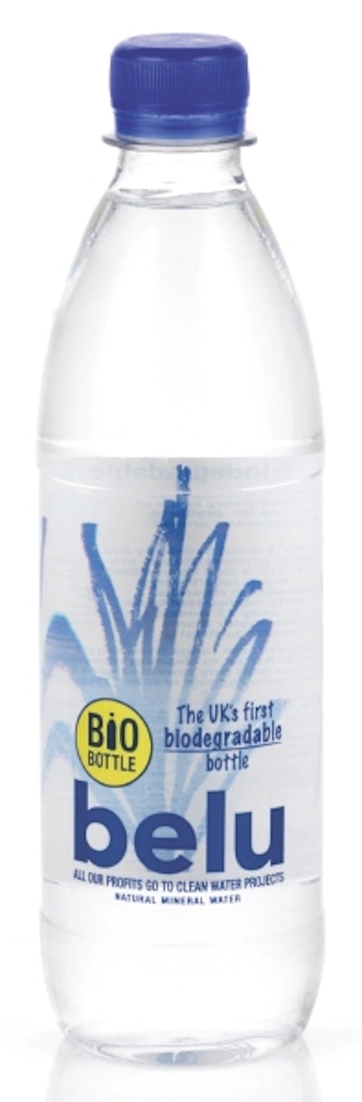 Belu, in 500-mL PLA bottles, is 'the first corn-based, biodegradable bottle in the United Kingdom.'