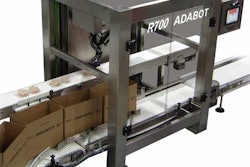 The Fallas Adabot case packer can handle 5 lb. payloads at up to 40 cpm in addition to 2 _ lbs. at up to 60 cpm and cpm.