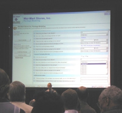 Ted Schneider of Thumbprint demonstrates the Wal-Mart scorecard's modeling software to attendees of the Packaging Summit in May.