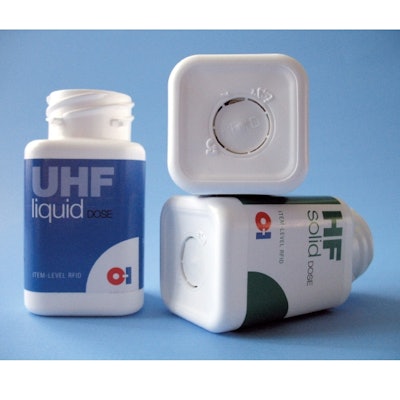 O-I embeds the nickel-sized RFID inlays, either HF or UHF frequency, into the center base of the opaque white HDPE bottles.