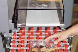 PROTECTIVE PACKAGING. The servo-driven wrapper (above) surrounds each 6-count cannoli shell tray with extrusion-laminated COPP f