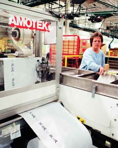 Bag forming. The bags are formed in-line from a 2.5-mil thick polyester film.