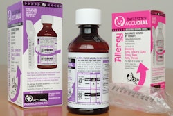 Sample packs. AccuDial's liquid OTC cough and cold pediatric med bottles include a two-part rotating label, plastic-packed dosin