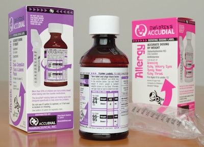 Sample packs. AccuDial's liquid OTC cough and cold pediatric med bottles include a two-part rotating label, plastic-packed dosin