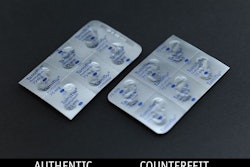 An authentic blister pack is shown at left, a counterfeit version at right.