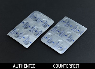 An authentic blister pack is shown at left, a counterfeit version at right.