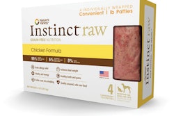 Nature’s Variety’s Instinct Raw Frozen Diet, which includes this 4-lb carton of chicken patties.